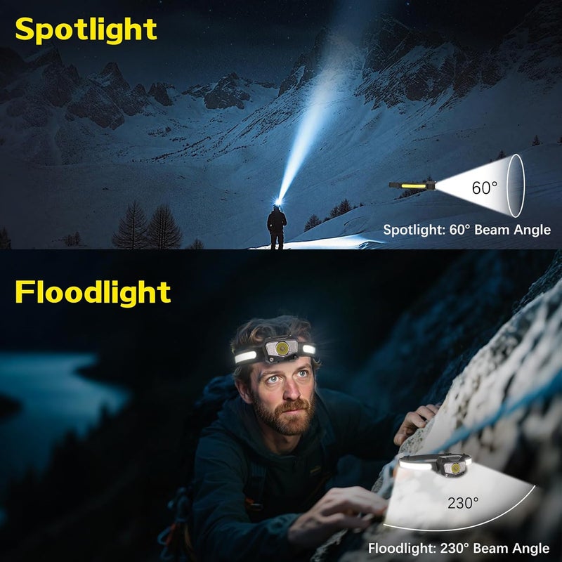 KYEKIO مصباح رأس قابل لإعادة الشحن 3 حزمة، شعاع عريض 230° COB و LED فائق السطوع 60° مع ضوء أبيض وأحمر، 7 أوضاع لمصابيح الرأس مع مستشعر حركة، مصابيح رأس للبالغين للتخييم والجري والمشي في الطبيعة - Image 3